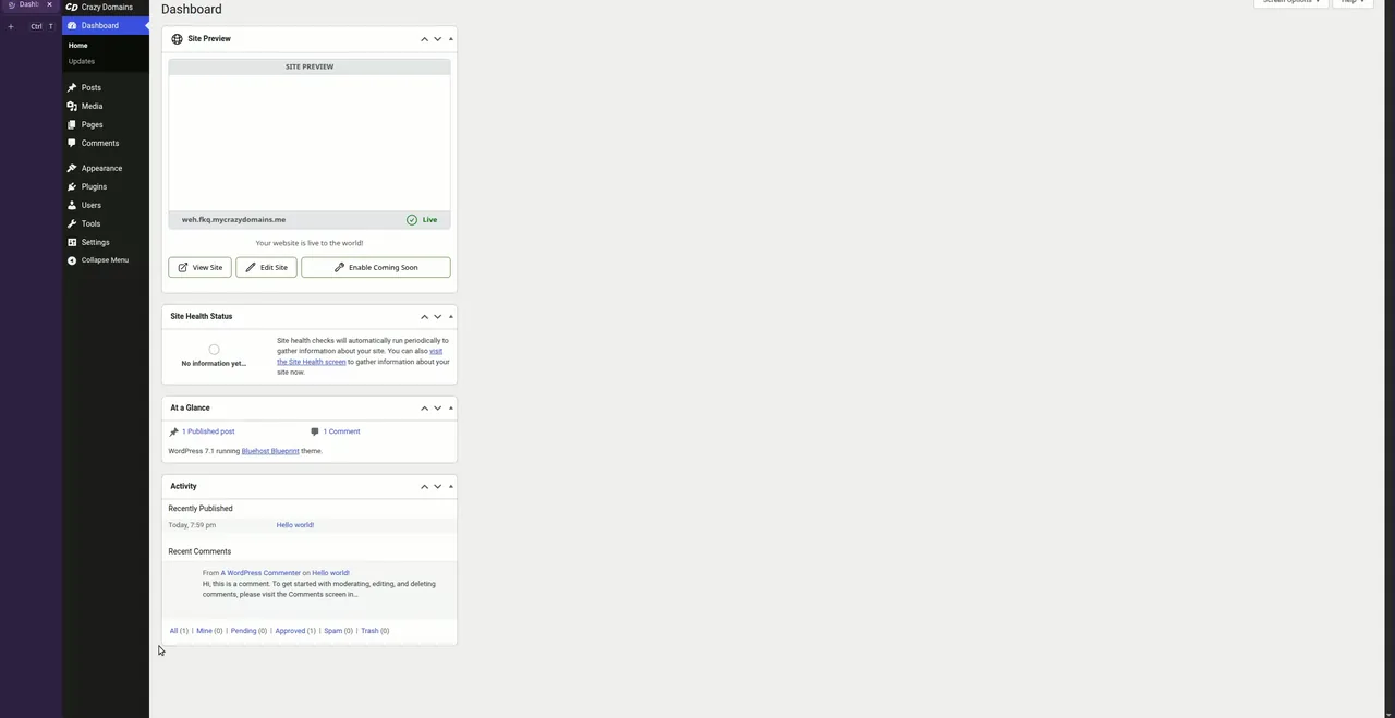 WordPress 7.1 dashboard on Crazy Domains with BlueHost Blueprint theme