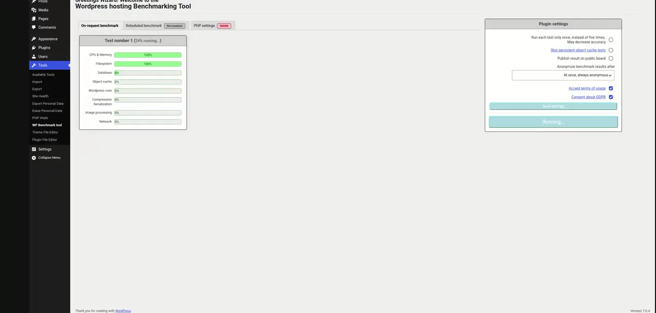 WP Benchmark tool running on GoDaddy temporary myftpupload domain