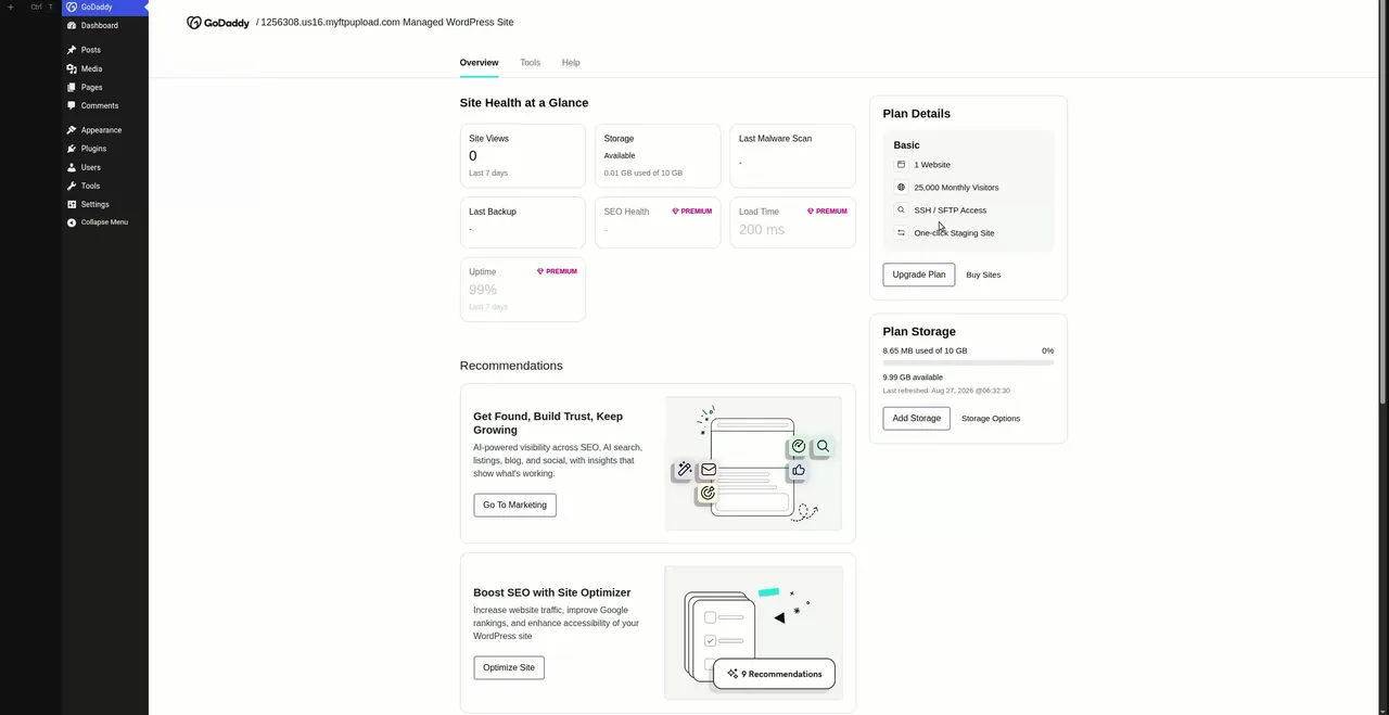 GoDaddy Managed WordPress dashboard overview