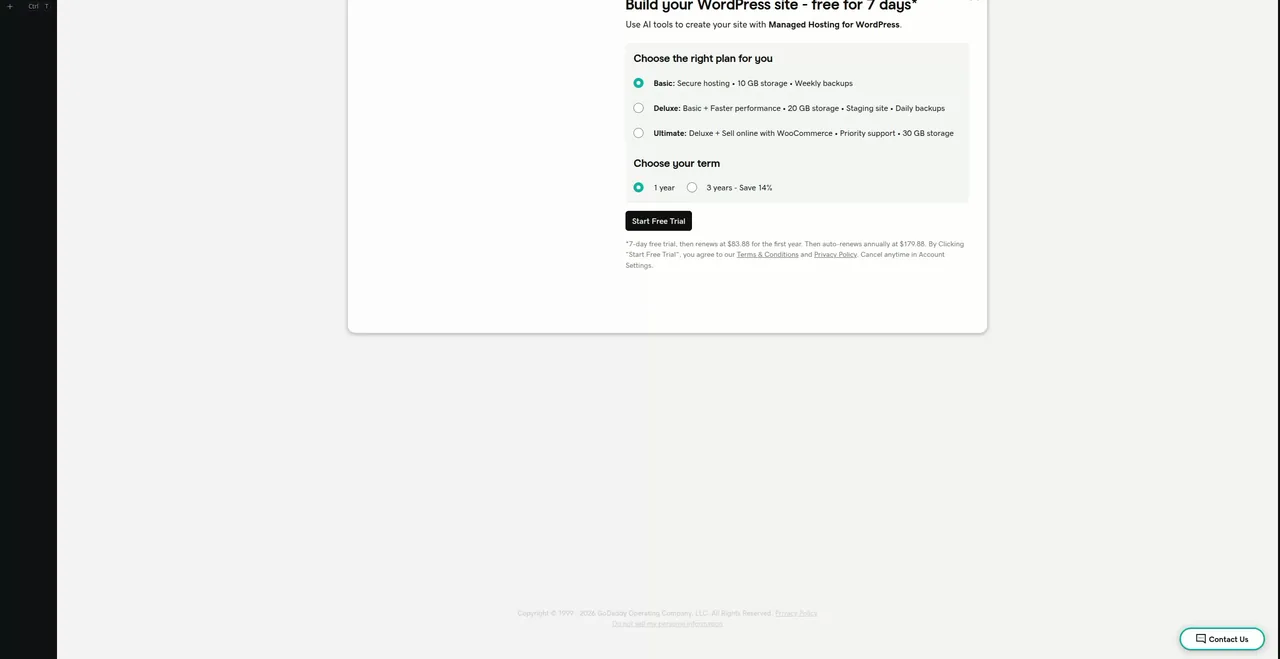 GoDaddy Managed WordPress plan picker with Basic selected and renewal fine print