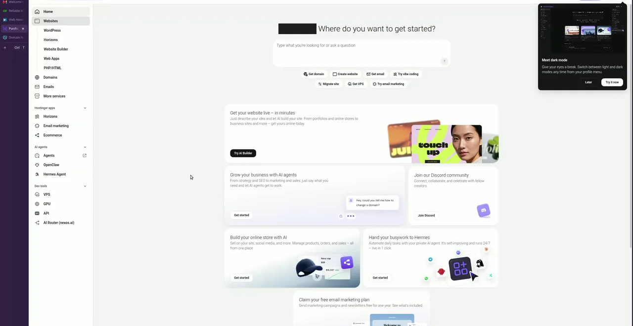 Hostinger hPanel dashboard home screen