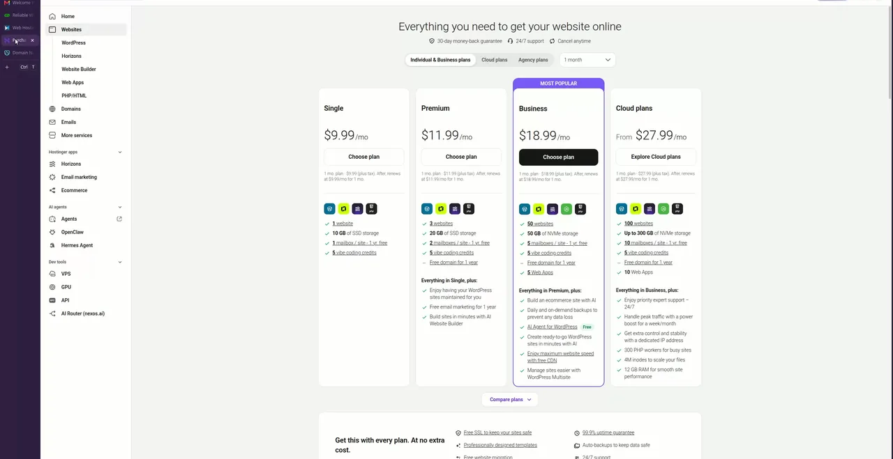 Hostinger hPanel pricing cards for Single, Premium, Business and Cloud plans