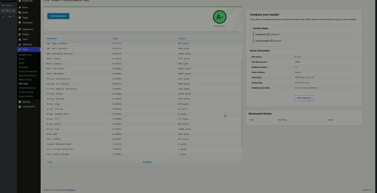 PHP Vitals result showing A- grade on MyHost