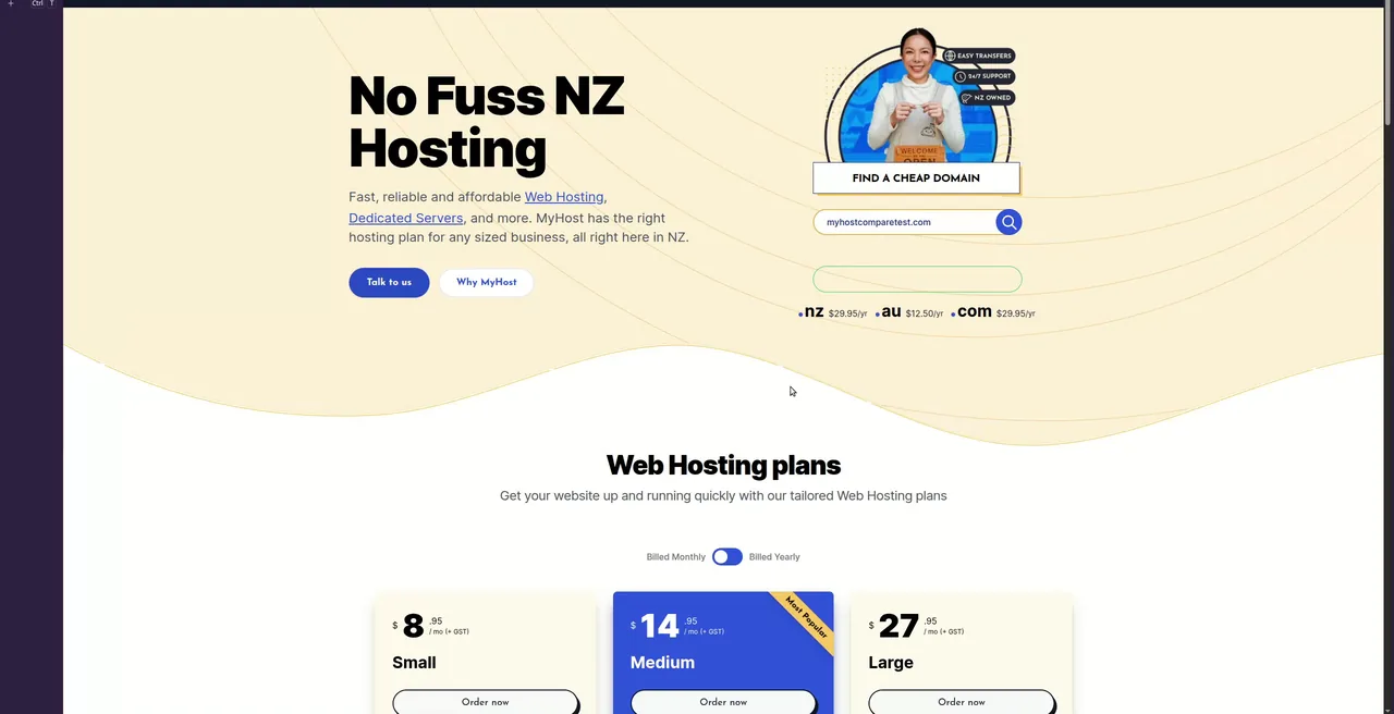 MyHost shared hosting plan grid with Small, Medium and Large prices